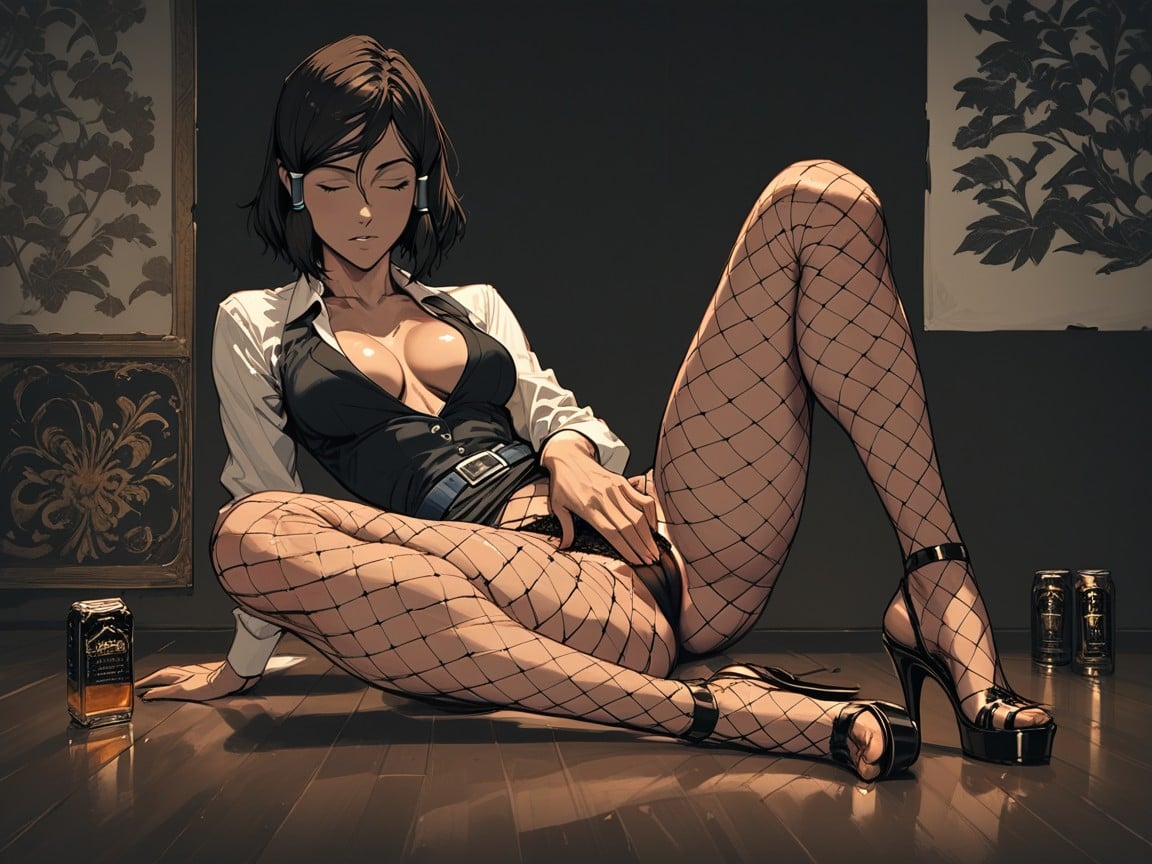 Closed Eyes, Fishnets, Whiskey Bottles On Floor Hentai AI Porn