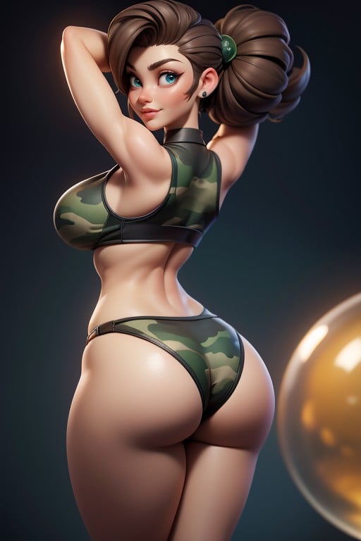 Brown Hair In A Mohawk Hair Style, Arms Up In Front Of Face, Bikini Hentai AI Porn