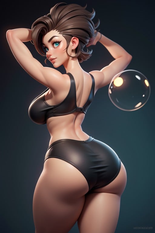 Shaved Bald On The Sides Of Head, Rear View Of Large Round Ass, Arms Forward Hentai AI Porn