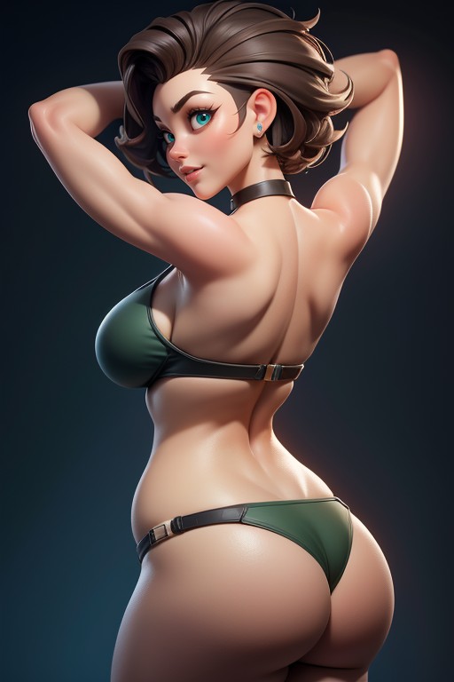 Head Bald On The Sides, Green And Black Military Camouflage Bikini, Bikini Hentai AI Porn