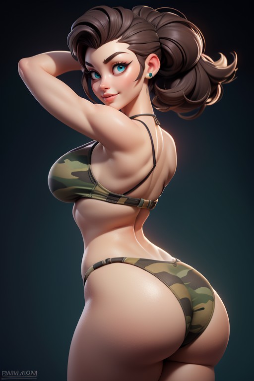 Arms Up In Front Of Face As Though Hugging Upward, Tall Thick And Curvy Perfect Body, Large Breasts Hentai AI Porn