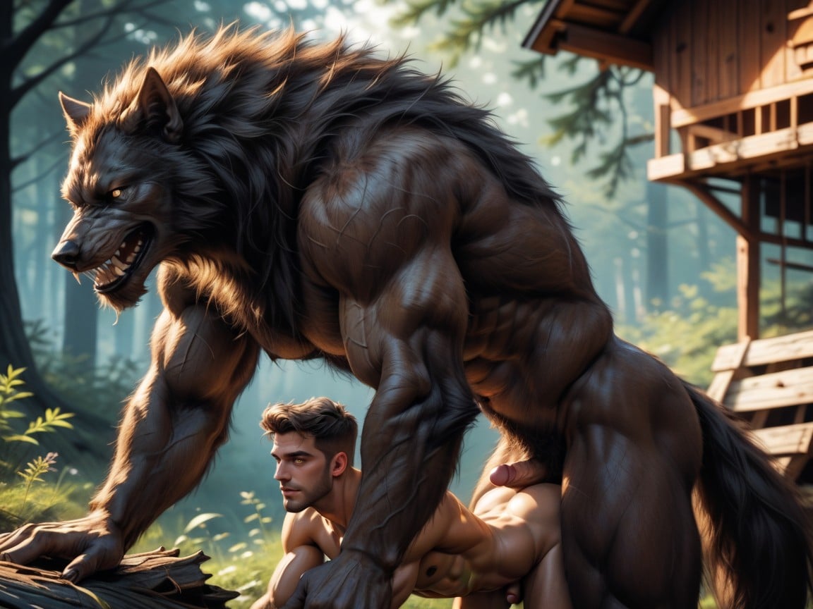 Боковой Вид, Werewolf Is Taller The Werewolfs Penis Is Hard Red Shiny And Veiny, Werewolf Large Back And Large Chest Muscles ИИ гей порно