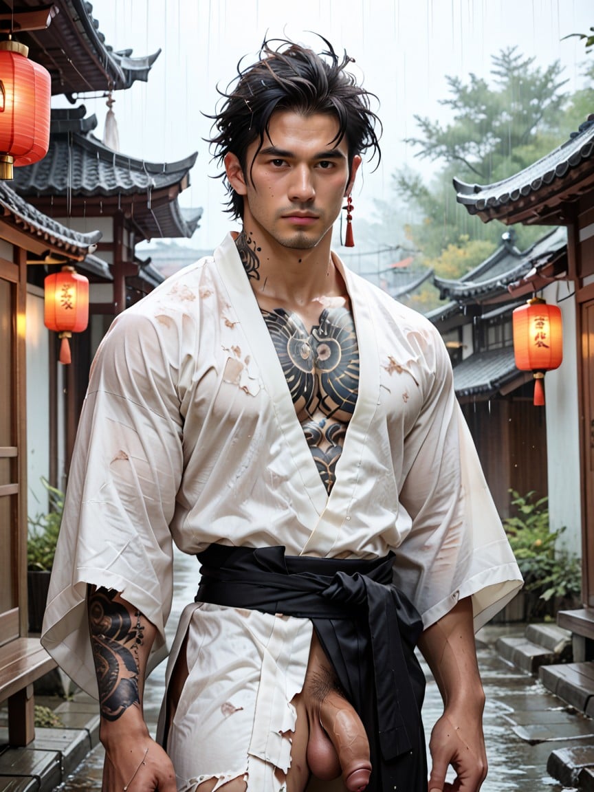 No Armor, Moonlight, Standing In Rain Soaked Edo Street AI Gay Porn