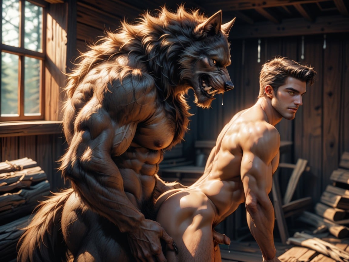 Log Cabin, Waist Shot, Werewolf Brown Fur And Hair AI Gay Porn