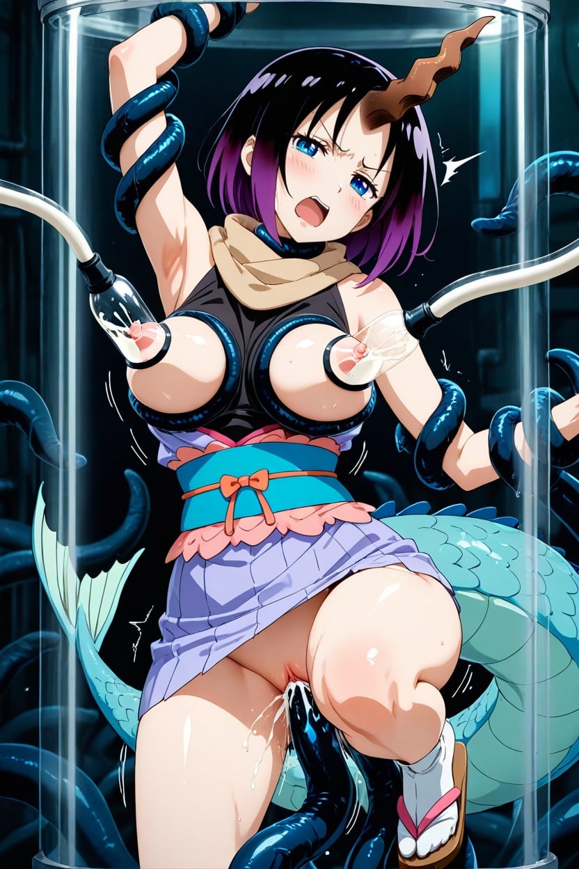 Hands And Feet Bound By Tentacles, Elma From Kobayashi San Chi No Maid Dragon, Purple Bob Hair With Dark Purple Tips Hentai AI Porn