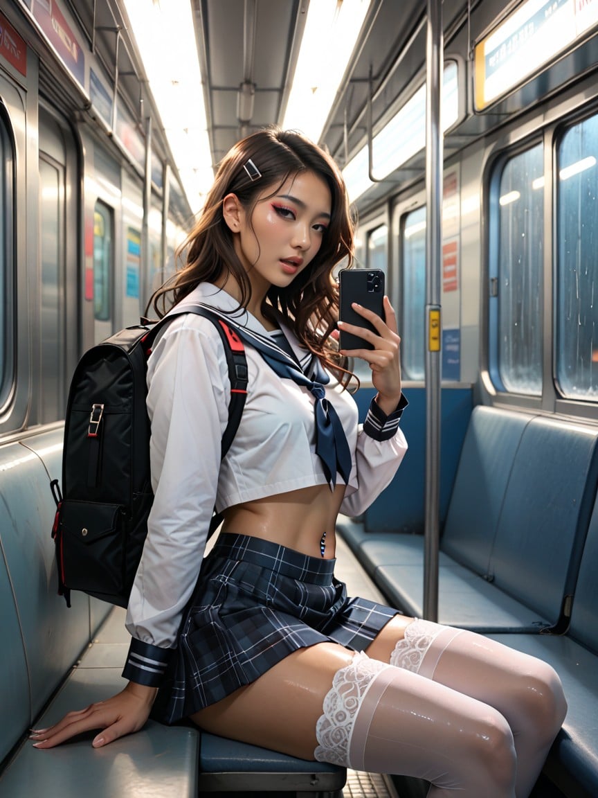Uturistic Underground Subway Station, Dark Eye Makeup, 迷你裙 AI黃片