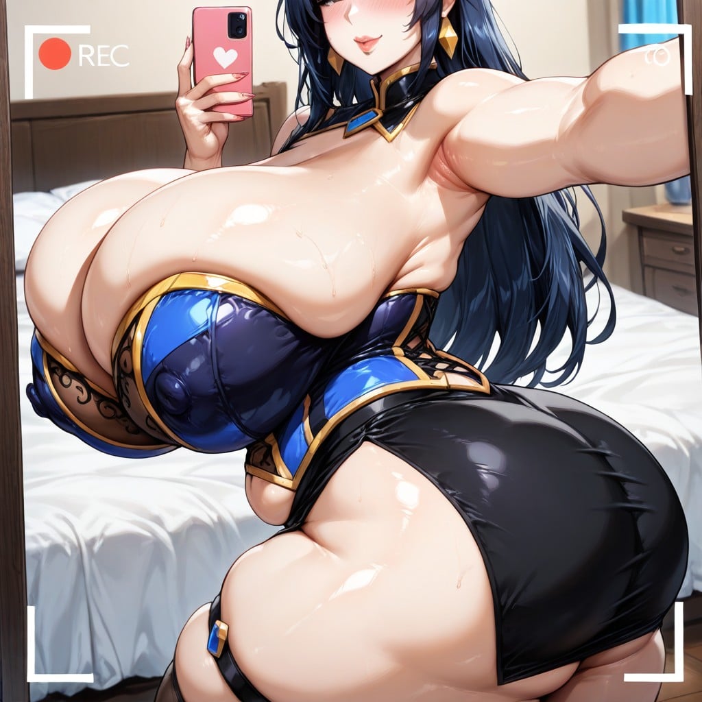Breast Expansion, She Is Wearing A Black Skirt And White Bra Showing Off Her Curvaceous Thick Wide Fat Busty Body Figure, Lee Hentai AI Porn