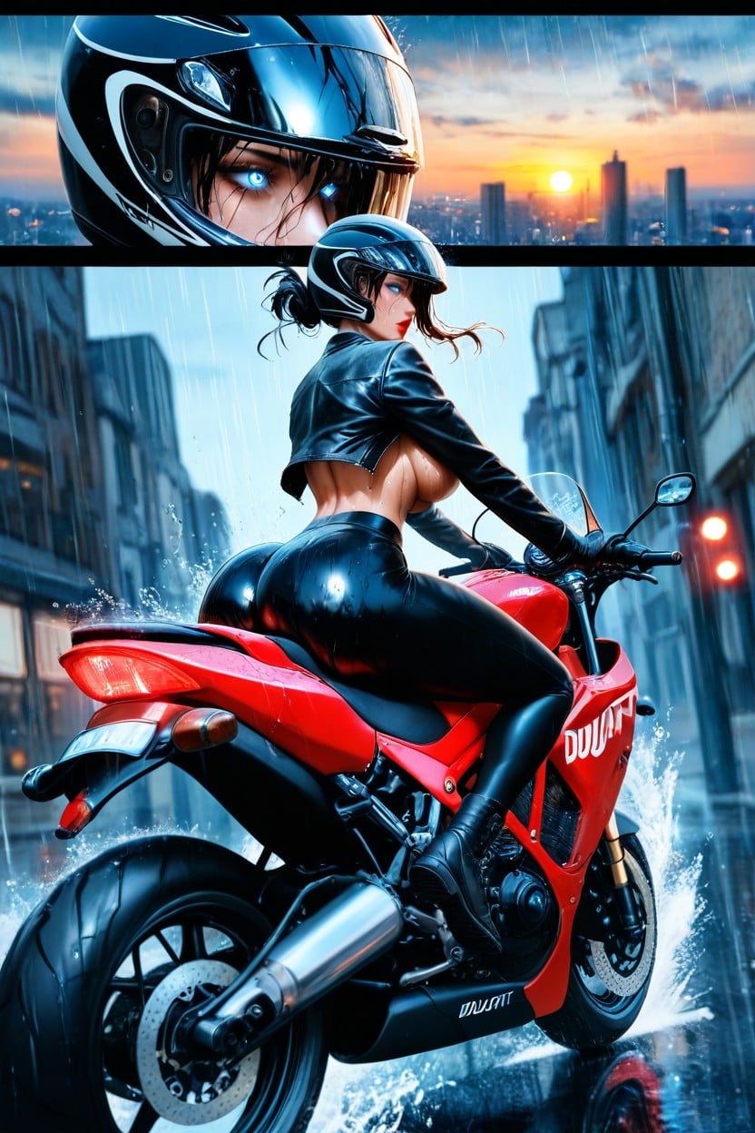 Extremely Wet Body, Raining Outside, Form Fitting Black Leather Leggings AIポルノ