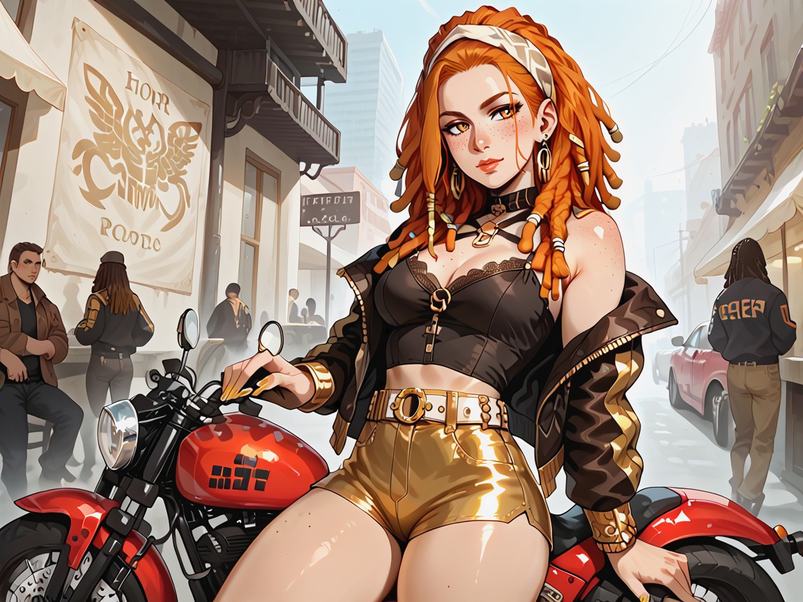 Rounded Thighs, Ginger Dreadlocks, Motorcycles In Distance Latina AI Porn