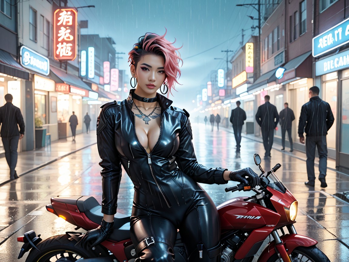 Black Leather Bodysuit, もも出し, 夜 AIポルノ