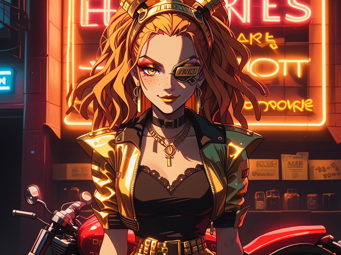 Pretty Mischievous Face, Heeled Boots, Gold Shorts Hentai AI Porn