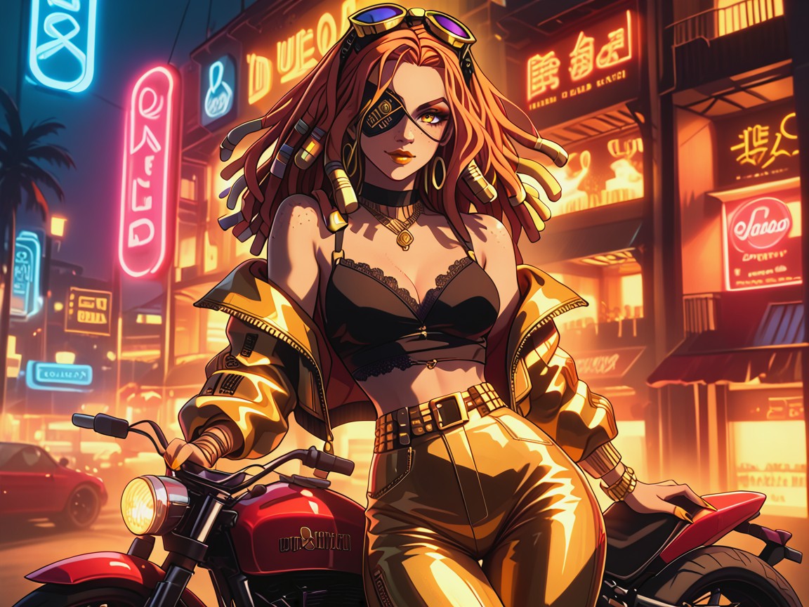 Sharp Lines And Edges, Woman On A Gold Harley Motorcycle, Cerraduras Dread Hentai IA