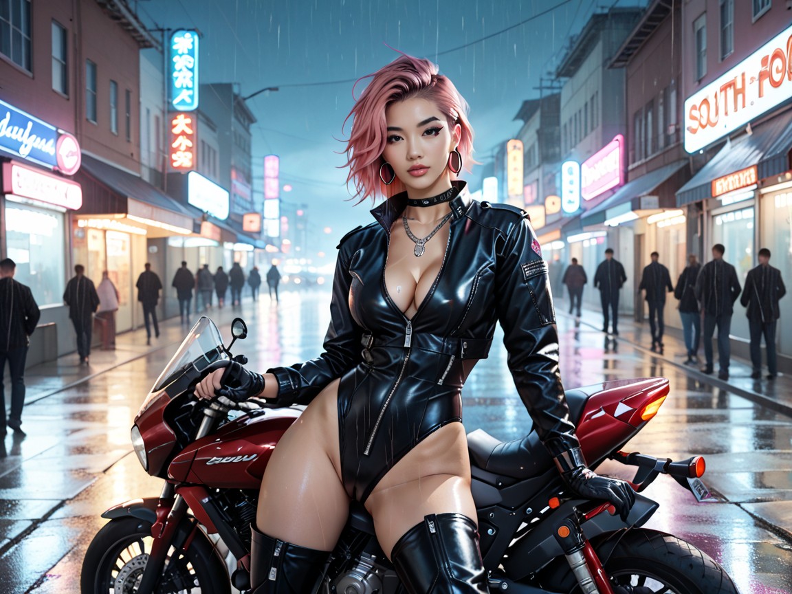 粉紅色, Pink Hair With Black Highlights, Sci Fi Motorcycle AI黃片