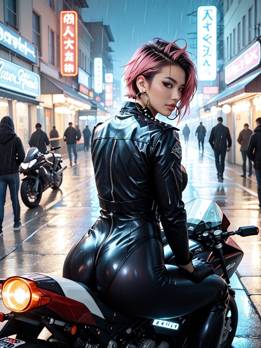 Sports Motorcycle, Cleavage, Pixie Cut AI Porn