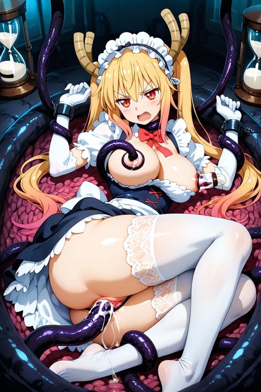 Ruffled White Lace Maid Cap, Hands And Feet Bound By Tentacles, White Ruffled Blouse Hentai AI Porn