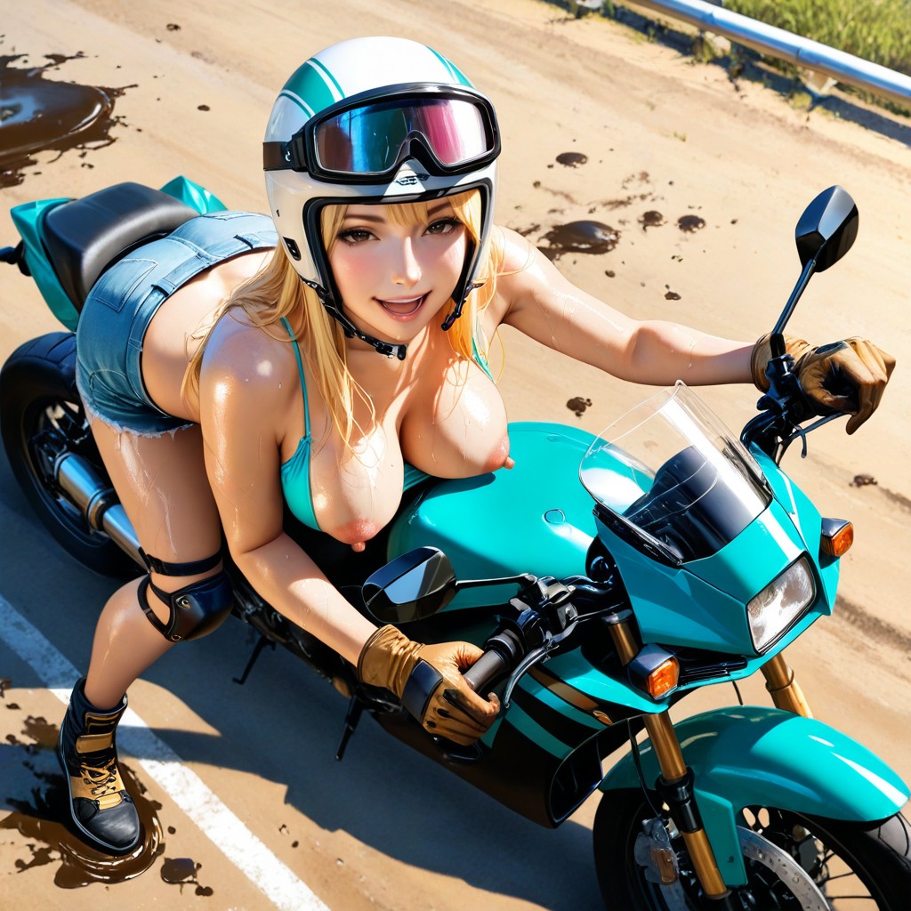Open Mouth, Both Feet Stepping Beside Motorbike, Bare Breasts Exposed Hentai AI Porn
