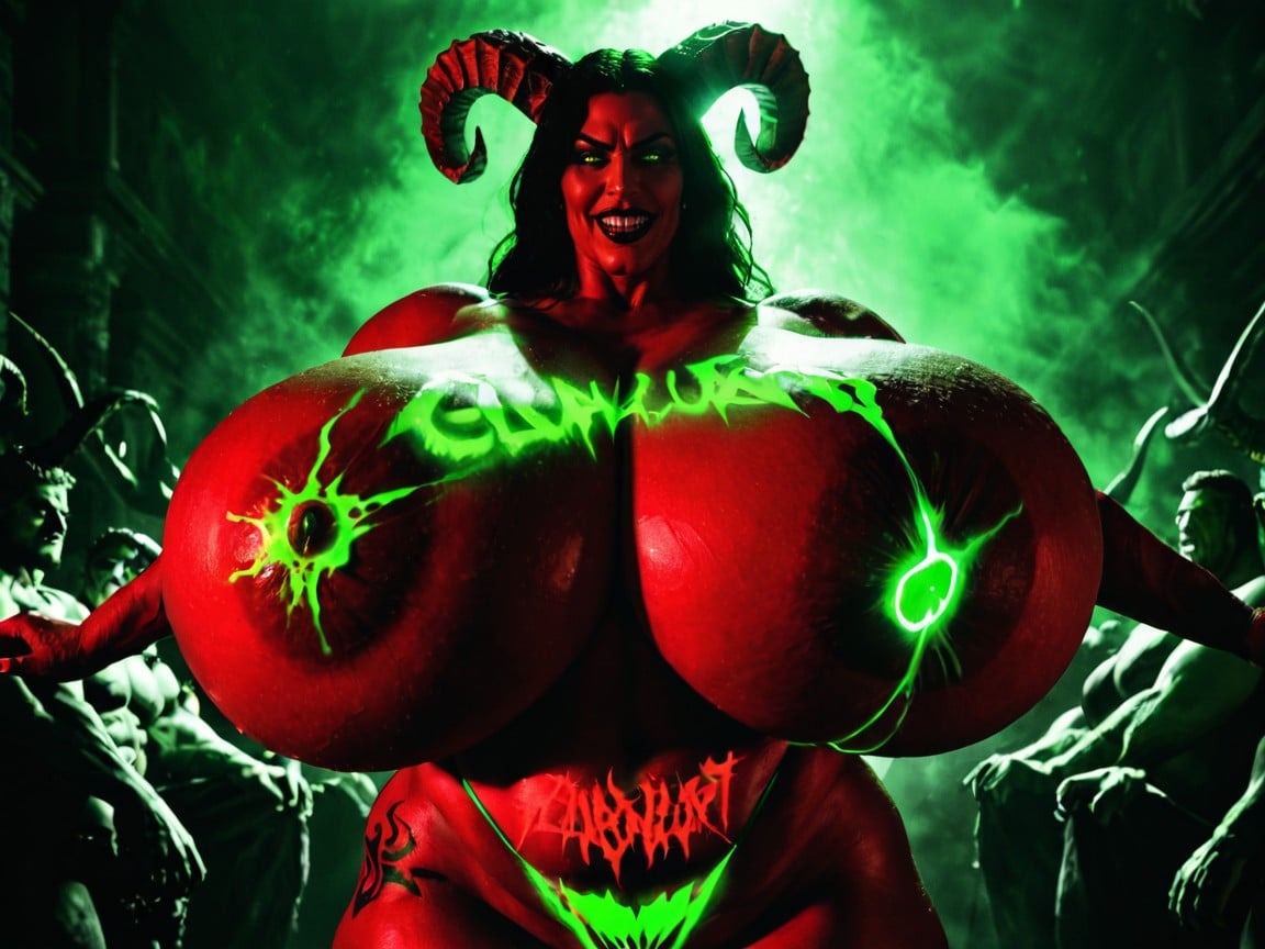 She Is A Red Devil Horned Monster, Full Body, Extreme Evil Demonic Monster Face AI Porn