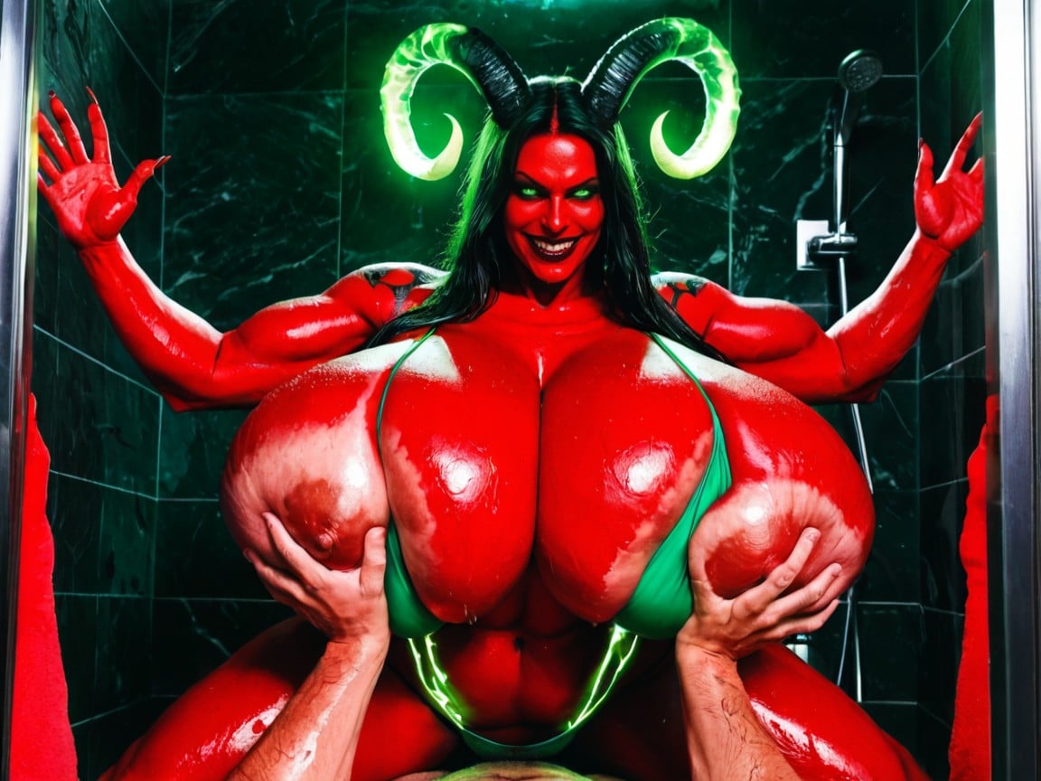 Thick Fluorescent Green Bikini, Ass Bigger Than Torso, She Is A Red Devil Monster AI Porn