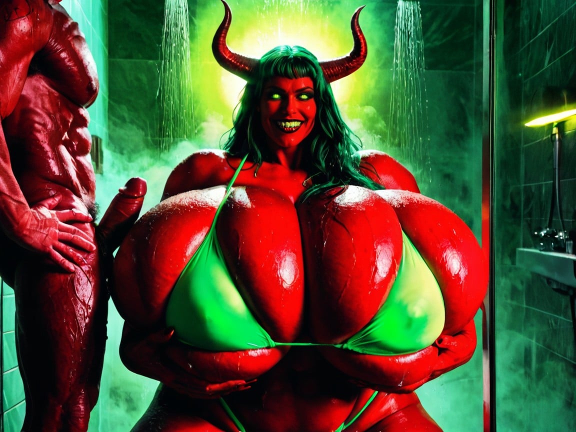 Demonic Face, Huge Fluorescent Demonic Horns, Red Skin AI Porn