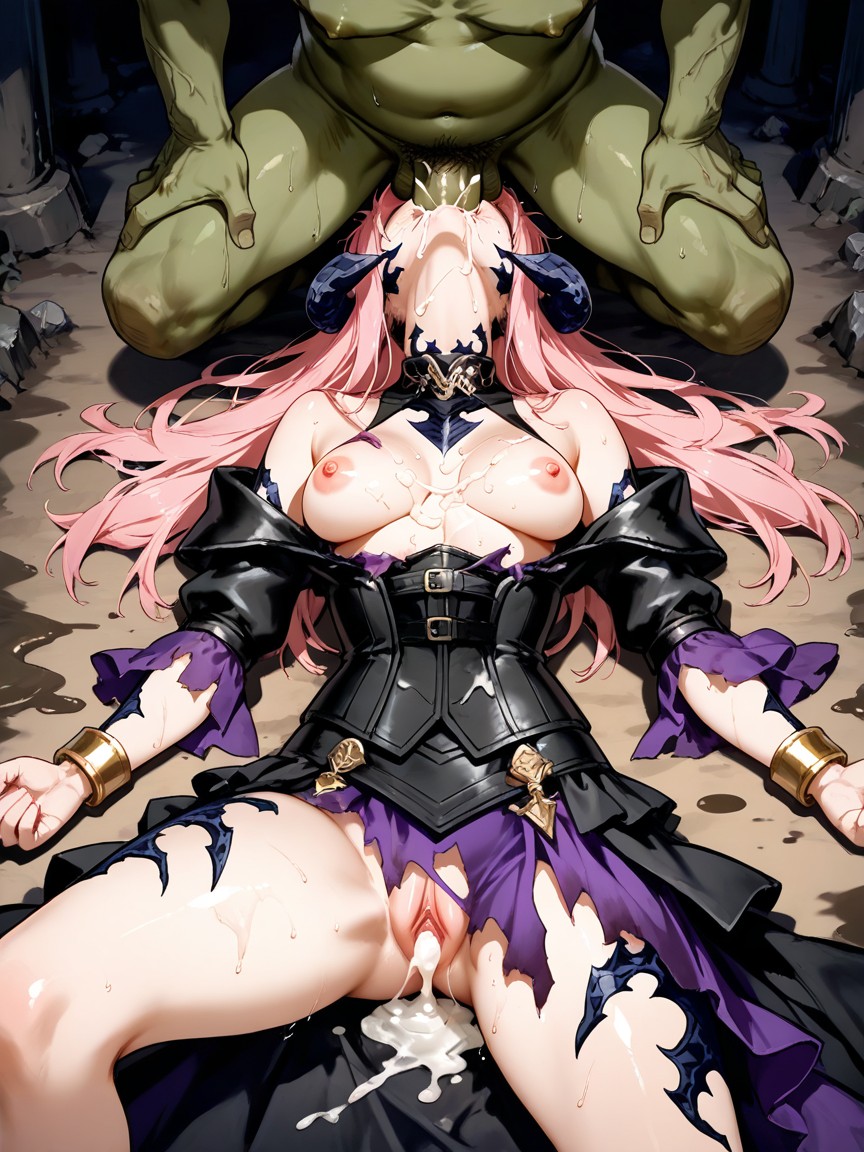 Sucking Goblin Dick, Torn Black Puffed Sleeves, Cum Vaginal Drooling Hentai AI Porn