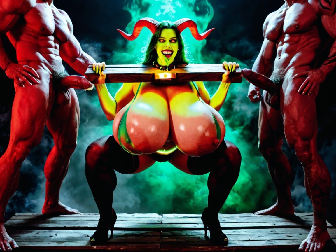 Evil Demonic Face, Huge Chin, Massive Oversized Colossal Breasts AI Porn