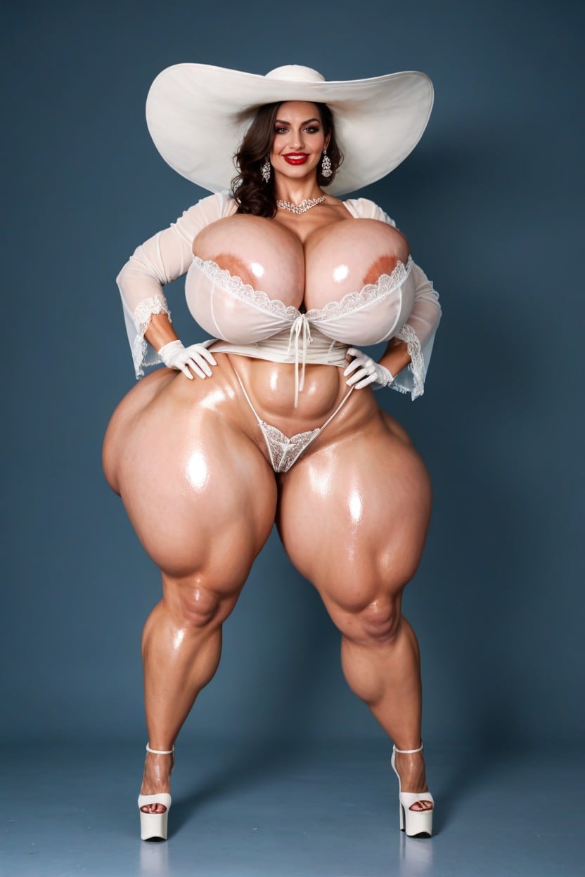 Dress Lifted Up, Colossal Lips, Legs Spread Apart AI Porn