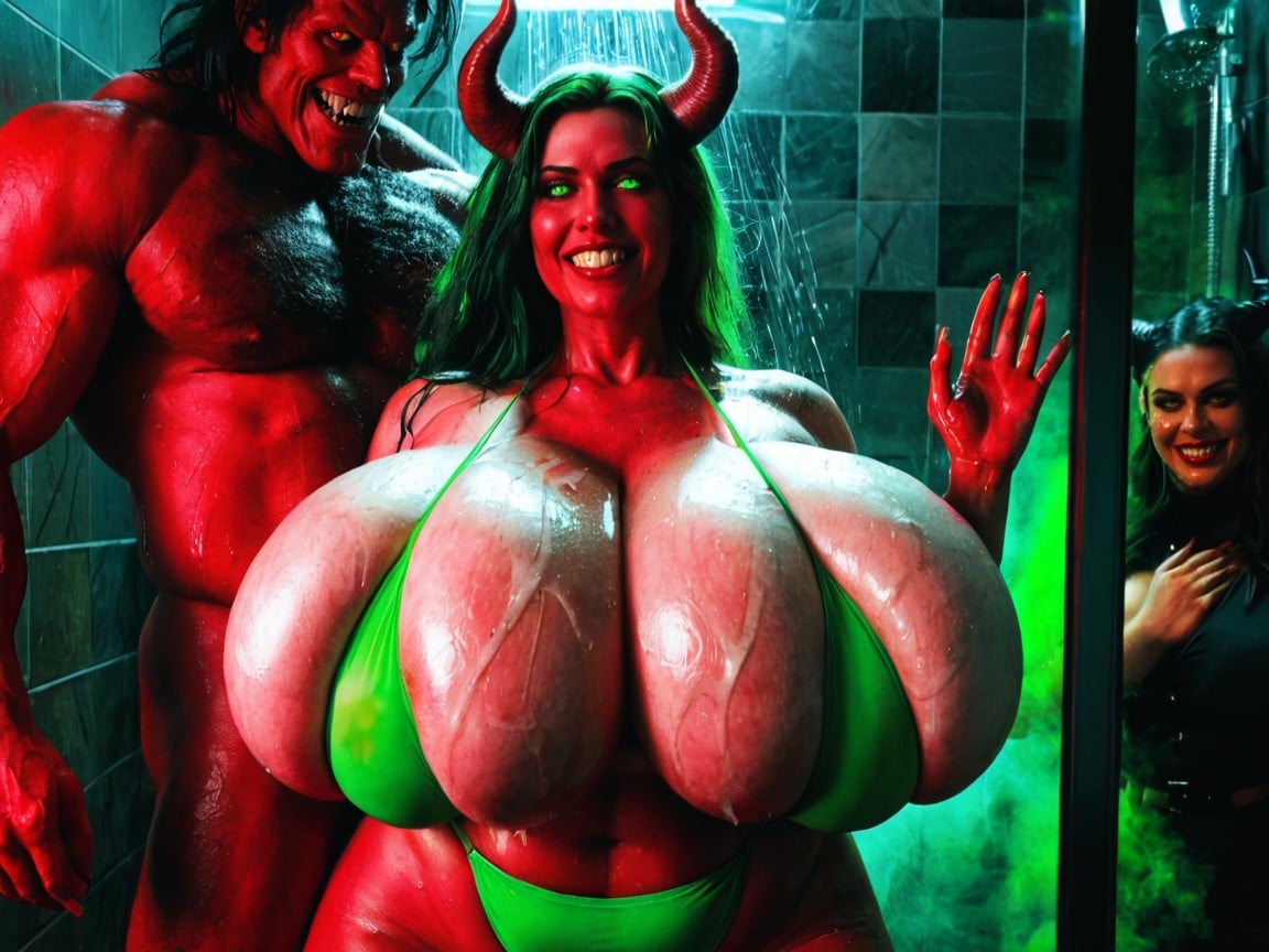 She Is A Red Devil Monster, Huge Fluorescent Demonic Horns, Demonic Face AI Porn