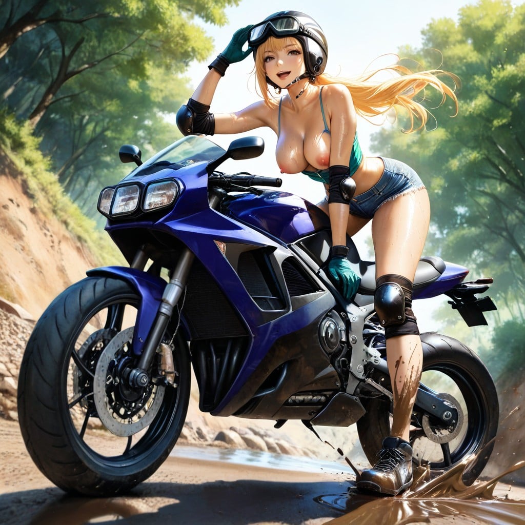 Track With Gravel Jump Ramps, Seductive Smile, Safety Gloves Hentai AI Porn