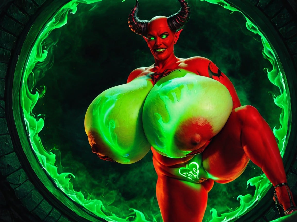 Demon Realm, Eyes Glowing Fluorescent Green, She Is Bald AI 포르노