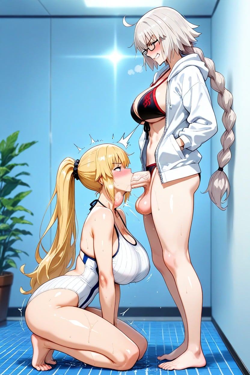 Blue Eyes Jeanne With Glasses, One Futanari, Jeanne Darc Extreme Long Straight Ponytail Hentai AI Porn