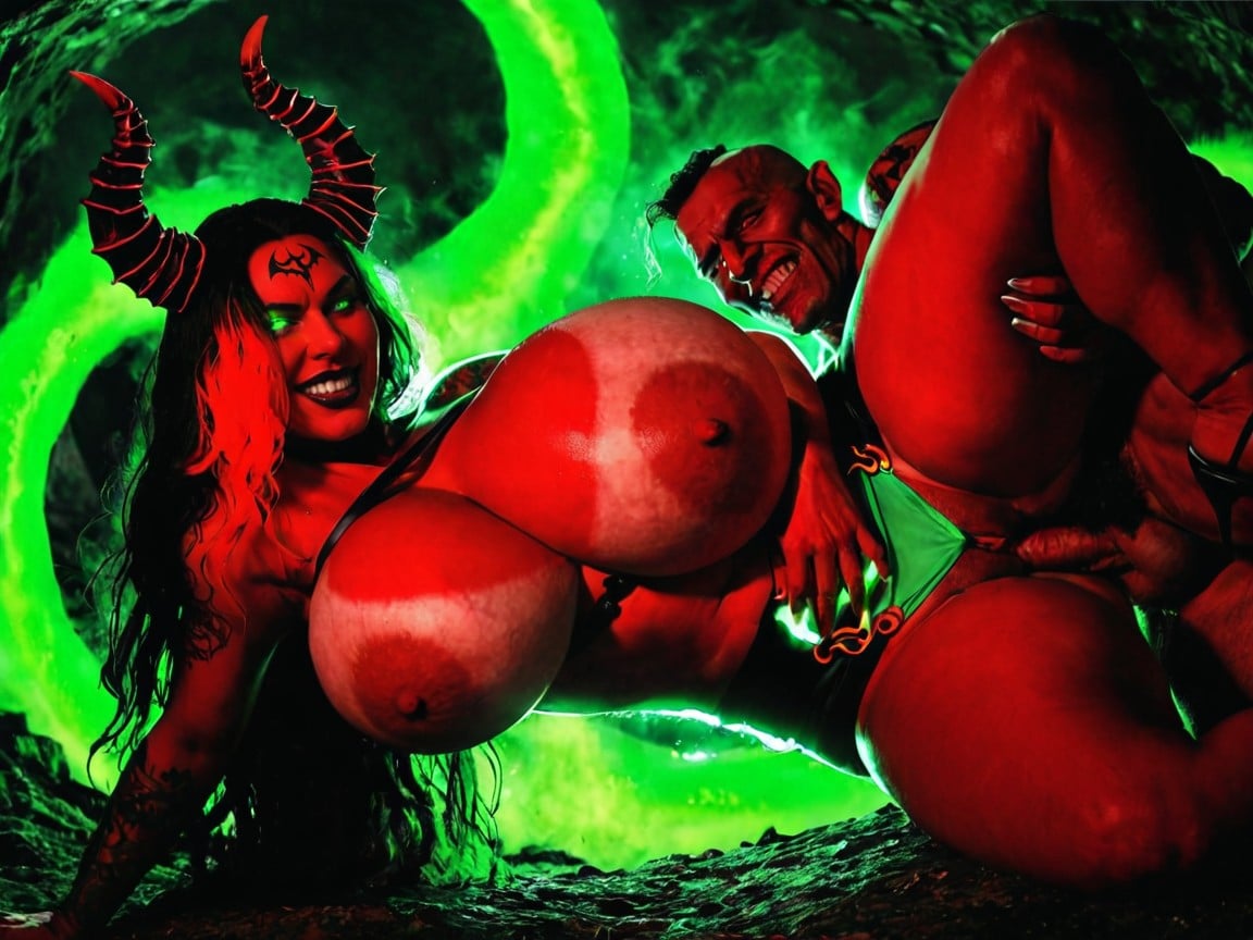 Green Fluorescent Glowing Demonic Tattoos, Green Fluorescent Lighting, Evil Smirk AI Porn