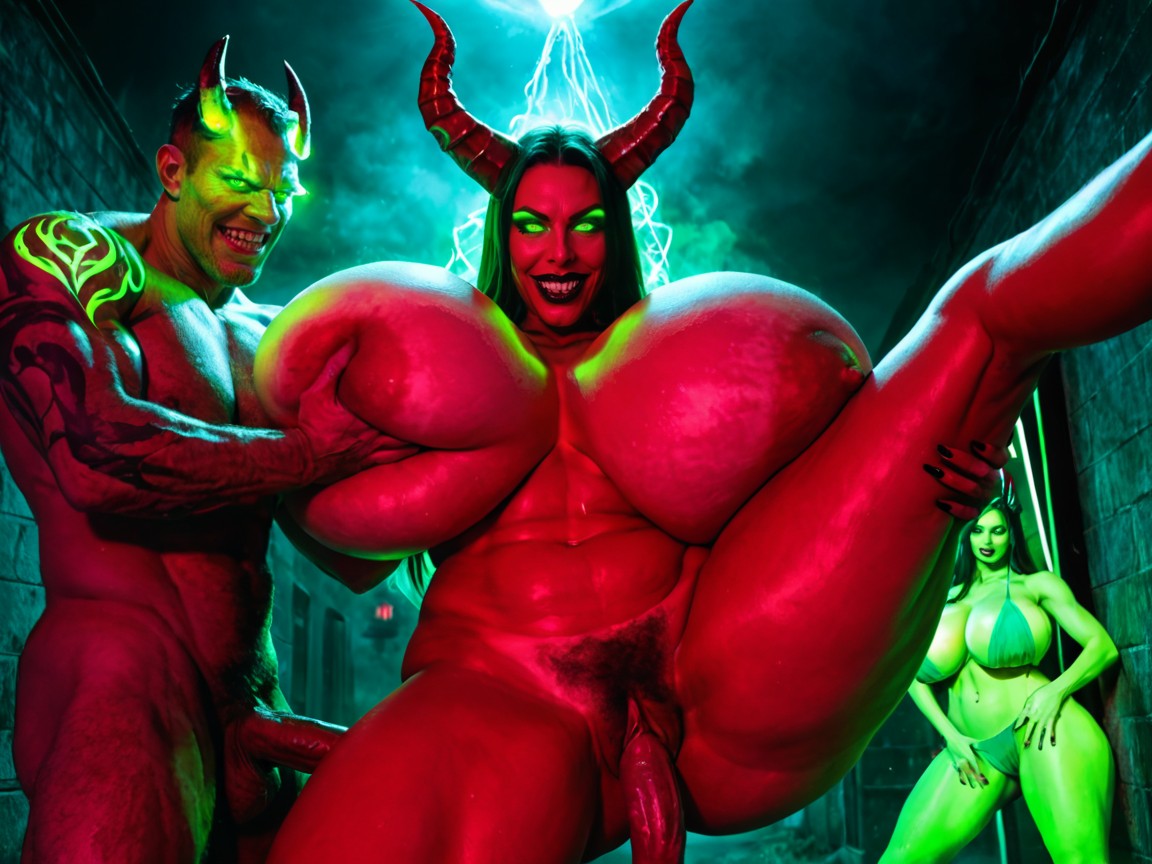 Demonic Green Aura, Colossal Breasts, Green Fluorescent Glowing Demonic Tattoos Porno IA
