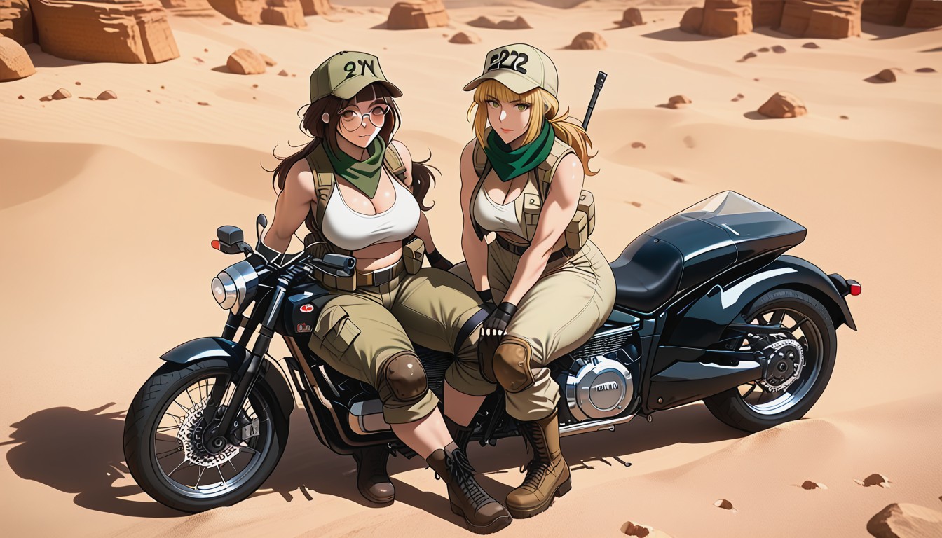 She Holds A Long Rifle, They Are Riding Sidecar Motorcycle With White Star Logo On It, Cosplay AI Porn