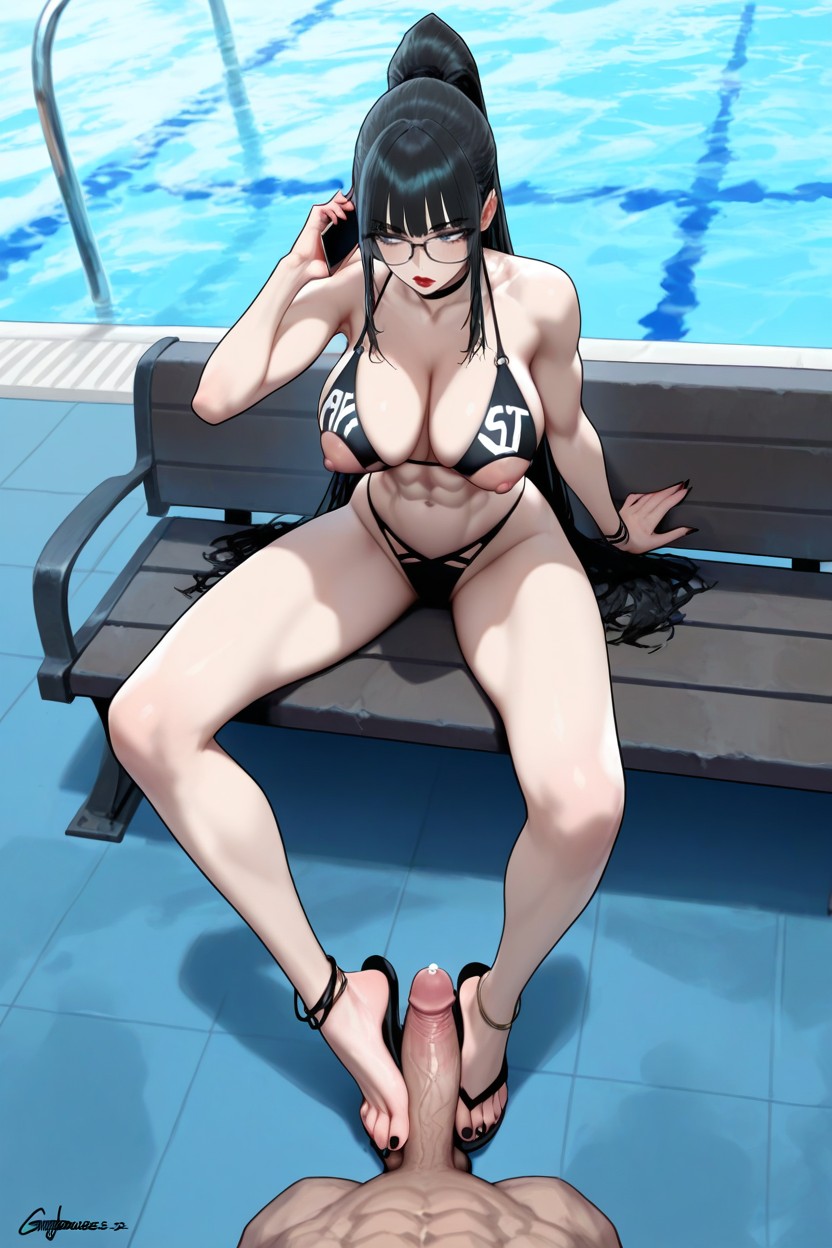 Fit, Exposed Toes, Sitting On Bench At Pool AI Porn