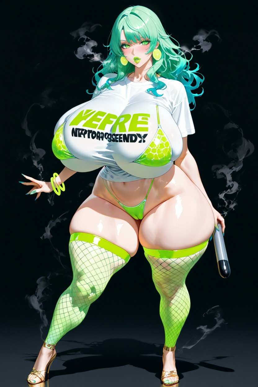 Lime Neon Bikini, Massive Ass, Blushing AI Porn