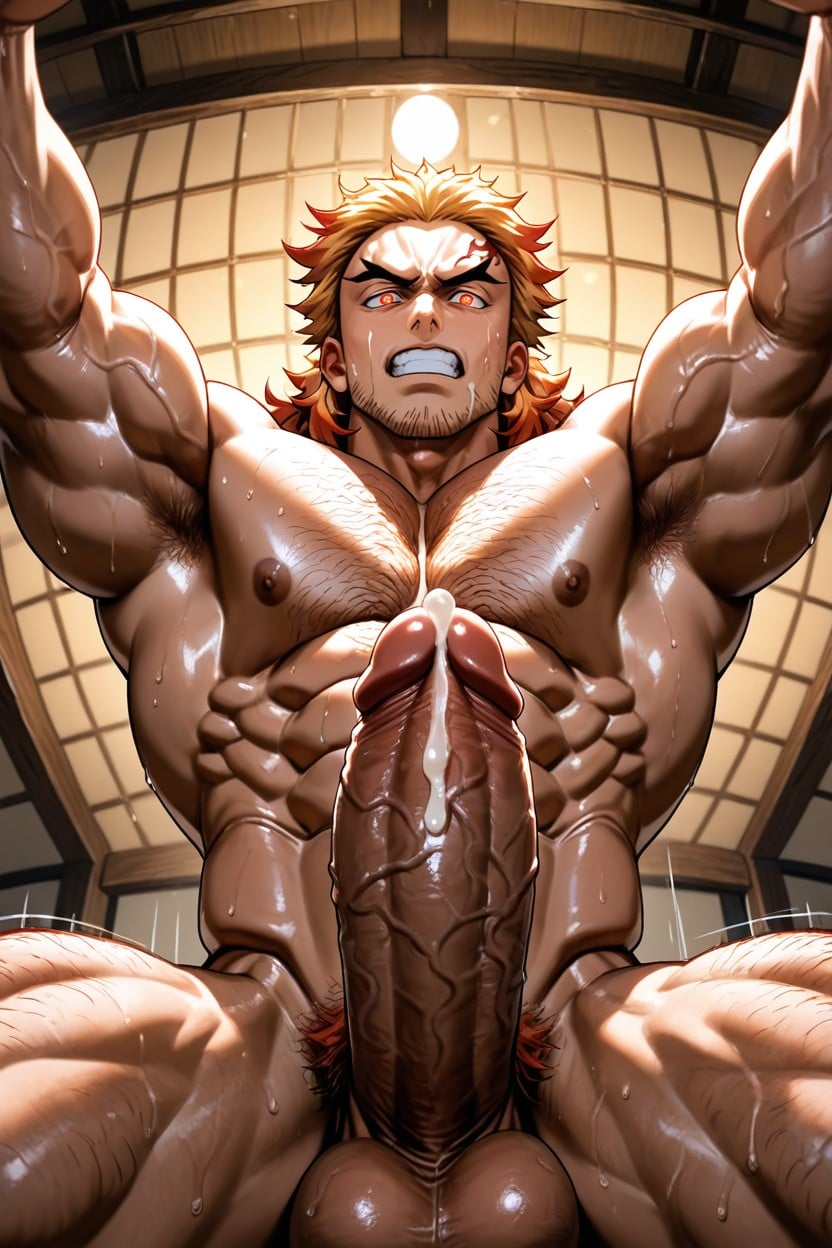 Upward Curved Erect Penis, Shinjuro Rengoku From Demon Slayer, Chest Hair AI Gay Porn