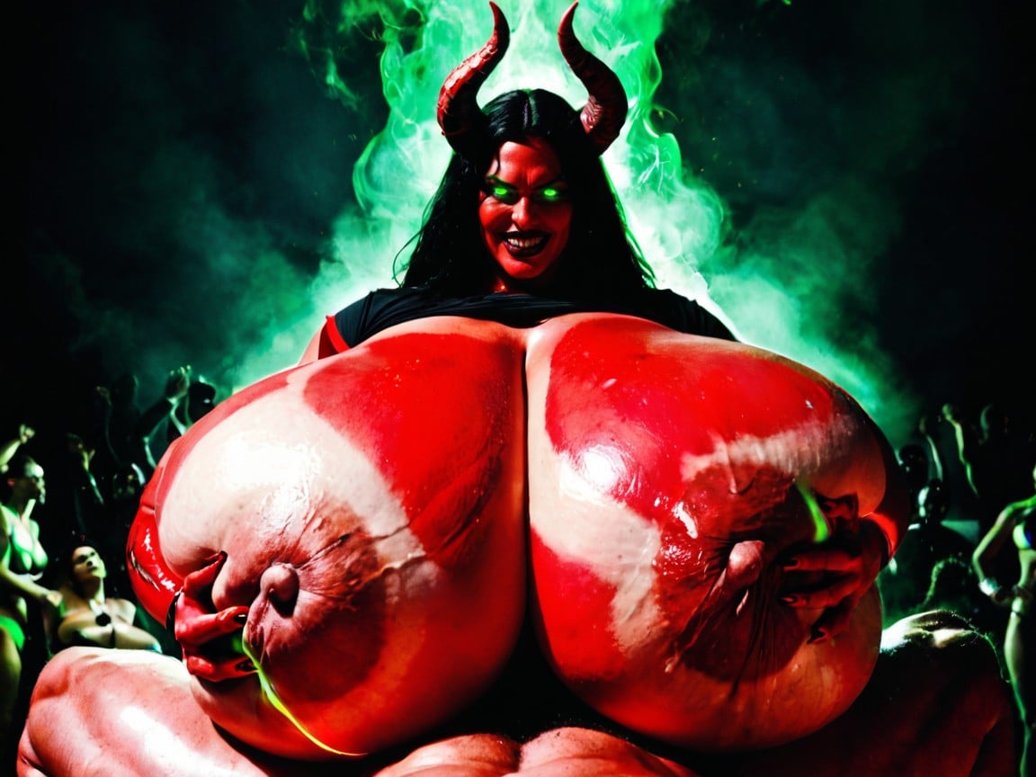 Ridiculously Huge Breasts, She Is A Red Devil Horned Monster, Huge Fluorescent Demonic Horns AI Porn
