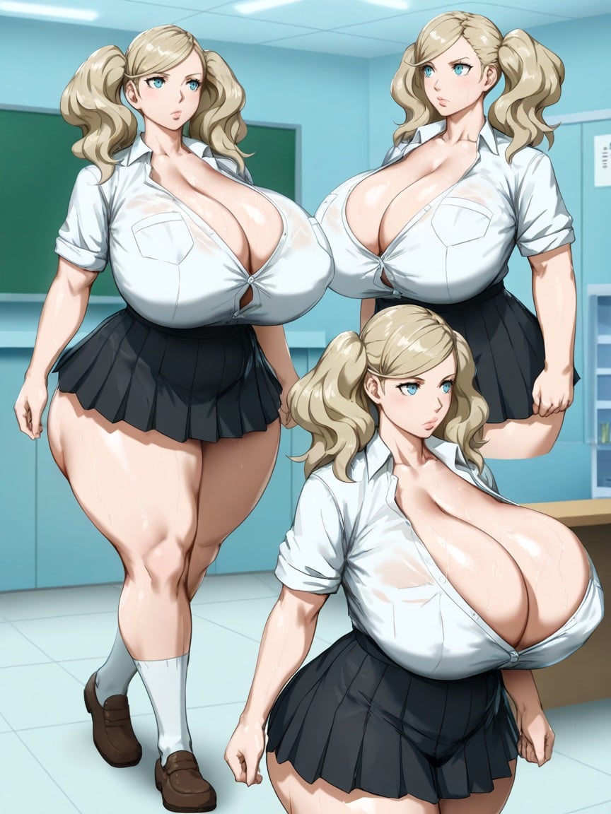 Looking Away, Blue Eyes, Black Skimpy Pleated Skirt AI Porn