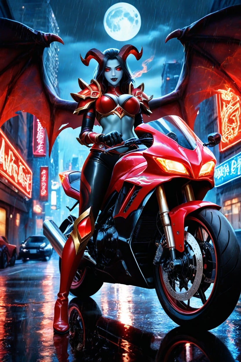 Red Eyes With Gothic Makeup, Blue Gray Skin, Smoke Subtly Rises From The Ground Near The Motorcycle Hentai AI Porn