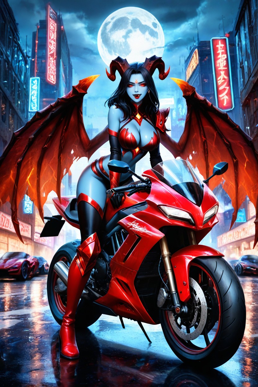 Blue Gray Skin, She Has Black Hair, As A Biker Woman With Massive Black Demon Wings Porno IA Hentai