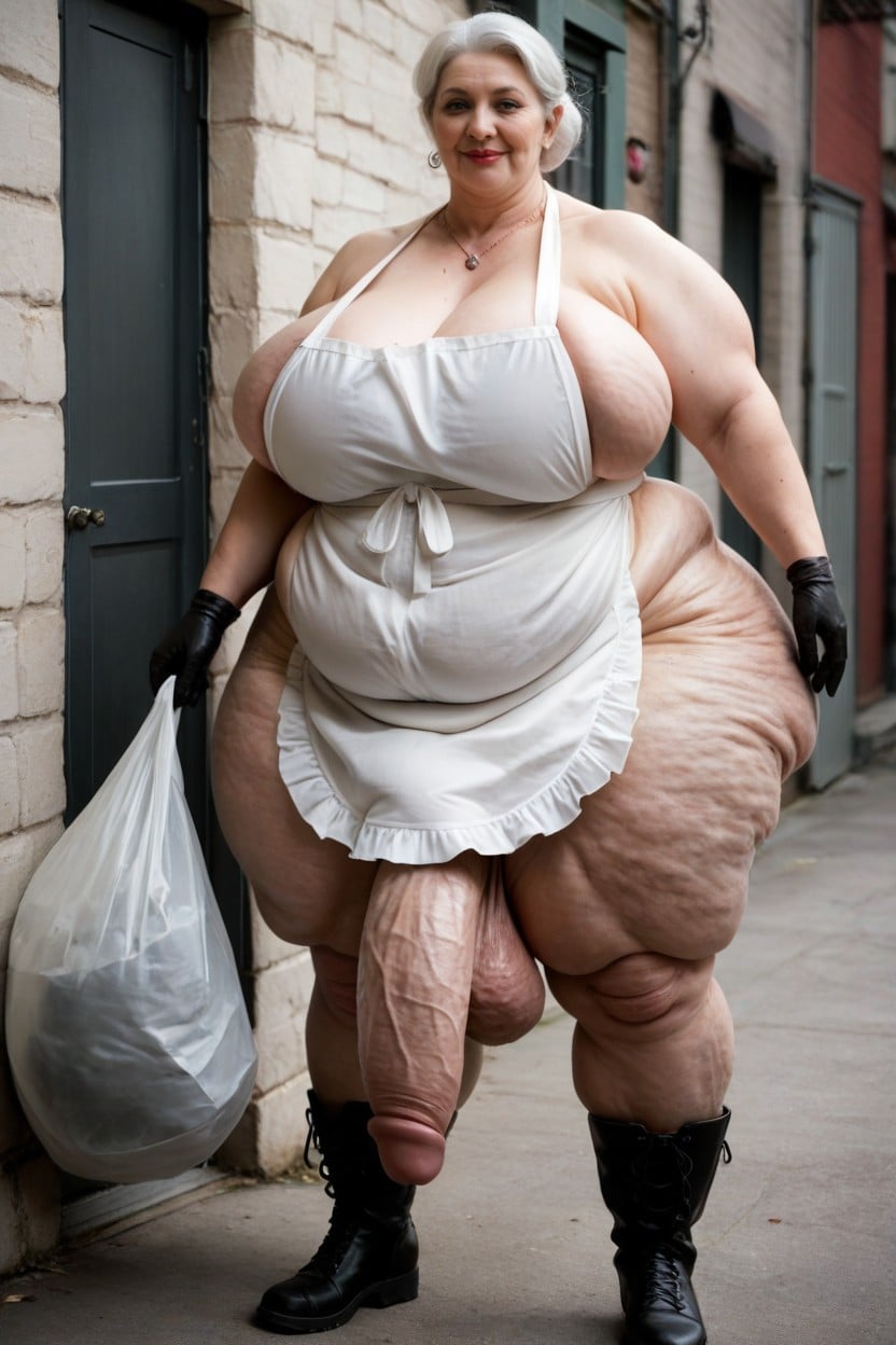 Huge Obese Belly, Holding Extremely Large Trash Bag, Chain Mail Apron AI Porn