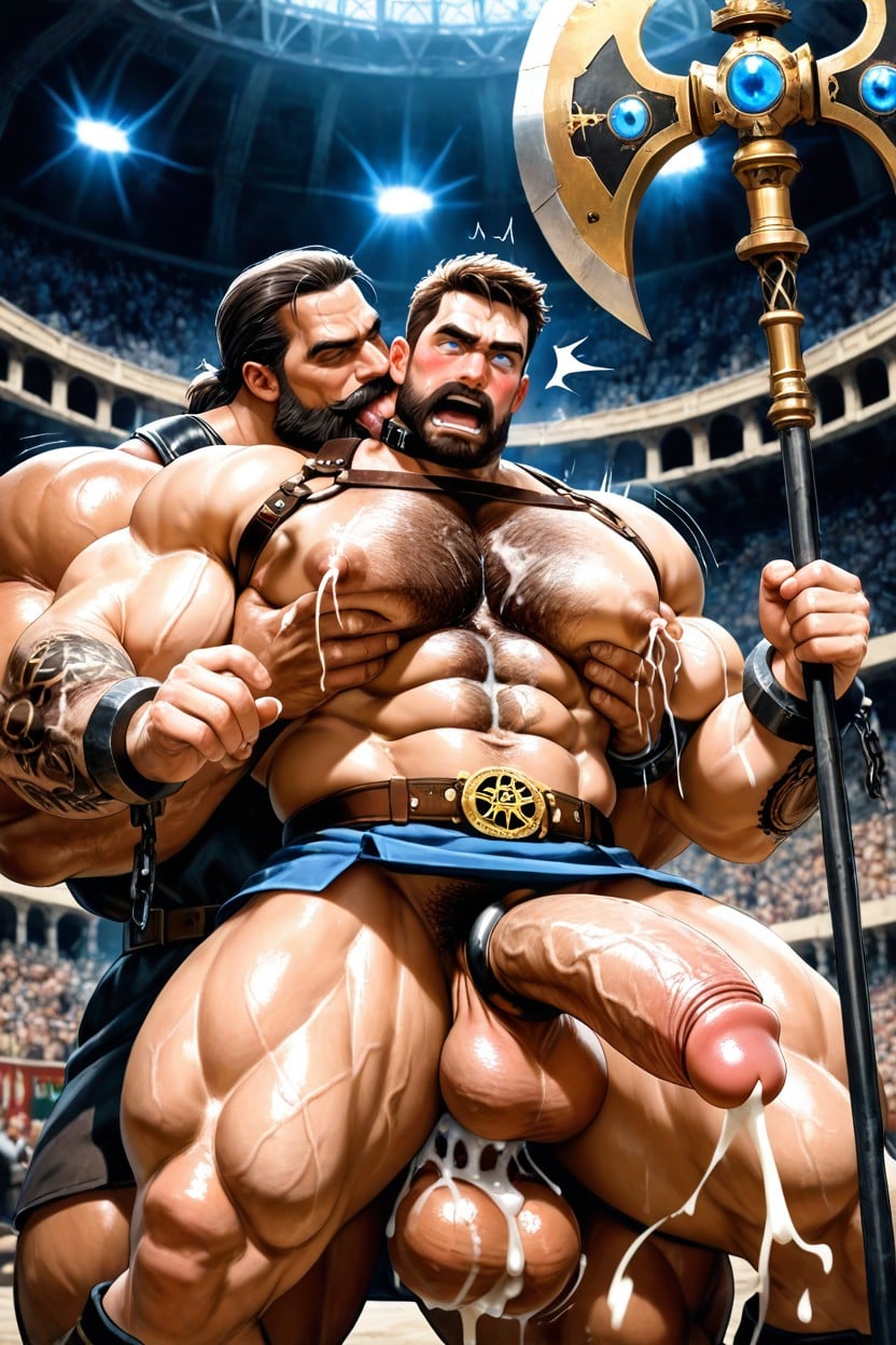 Drooling, Huge Males Fucking, Huge Hyper Bodybuilder Gladiator Hairy Dilf Daddy With Brown Hair Fucked From Behind By Giant Minotaur Daddy AI Gay Porn