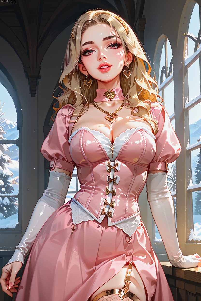Golden Earrings, Perfect Face, Pink High To The Elbow Gloves AI Porn