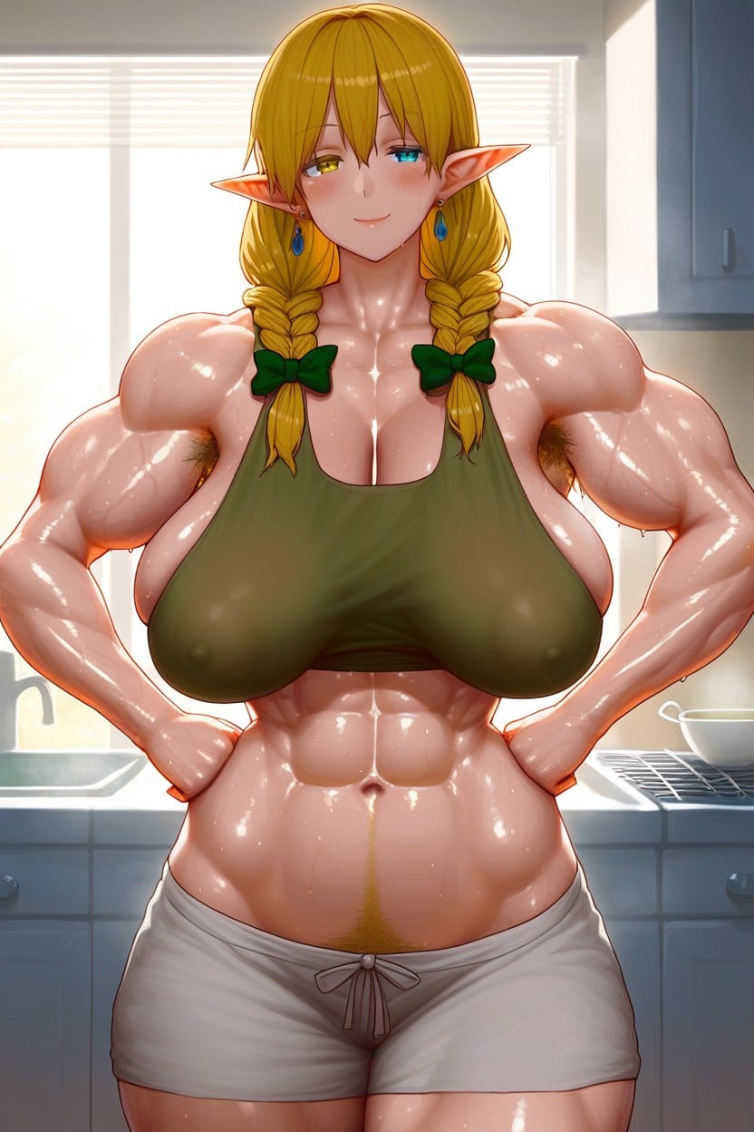 Green Ribbons On Hair, Hips, Very Deep Bright Blush Hentai IA