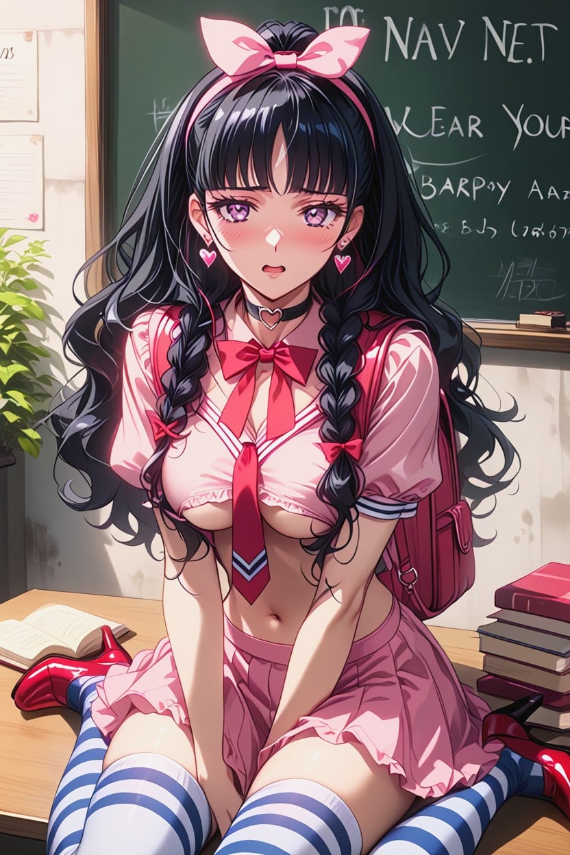 Stripe Knee High Socks, Tie, Twintails Hentai IA