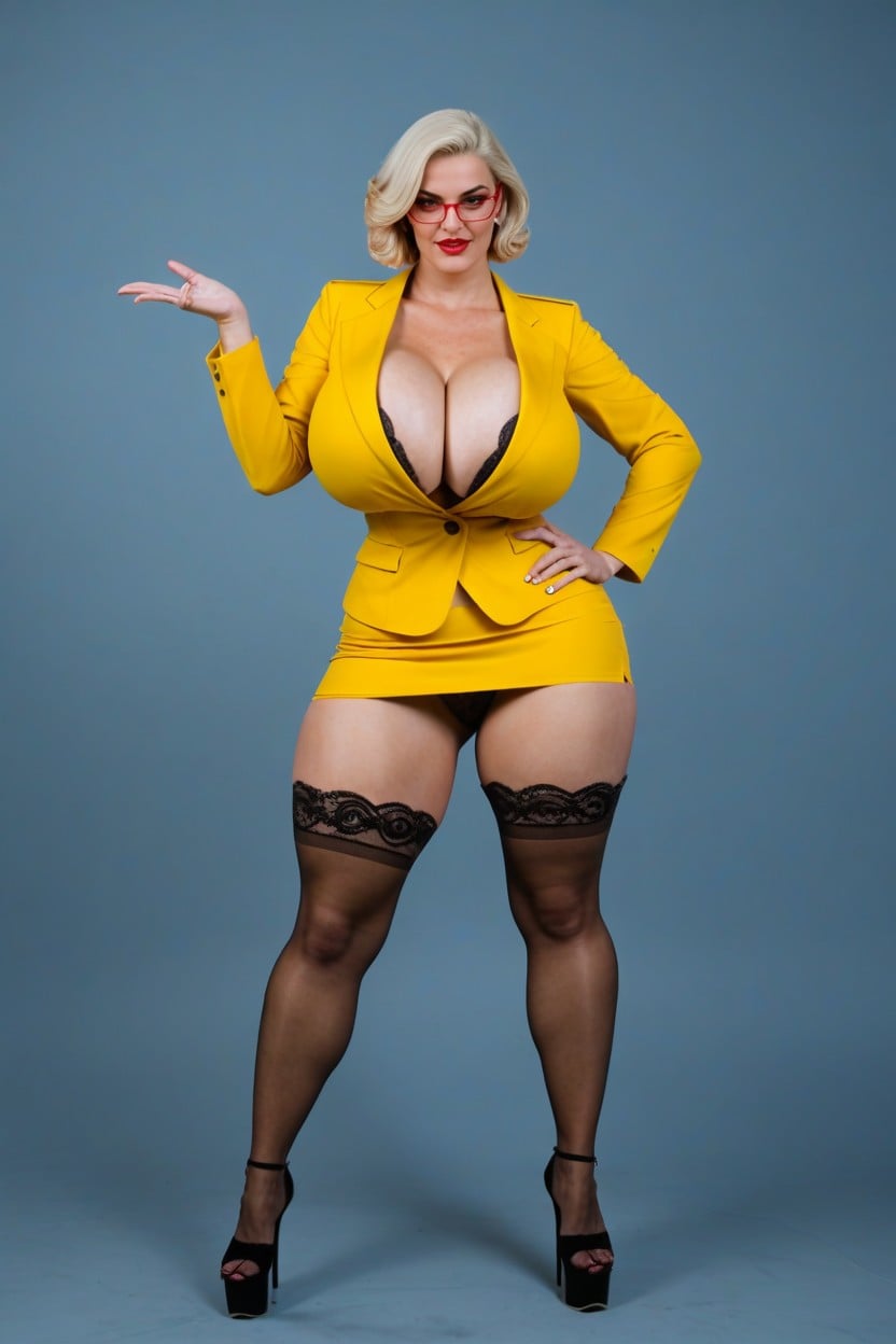 Tight Yellow Pencil Skirt, Vista Frontal, Chaqueta Porno IA