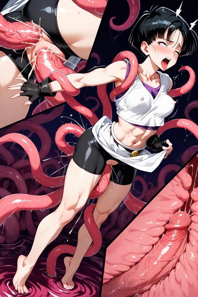 Bare Legs, Plentiful Motion Lines, White Sleeveless Navel Level Tunic Worn Over A Pink Top Shoulder Level Sleeved Undershirt Hentai AI Porn