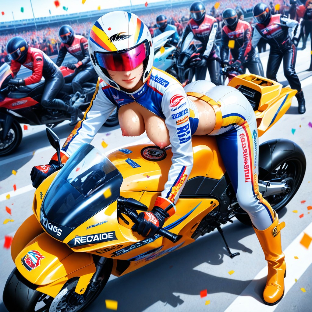 Riding A Racing Motorbike, Motorbike Race Outfit, Medium Breasts Hentai AI Porn