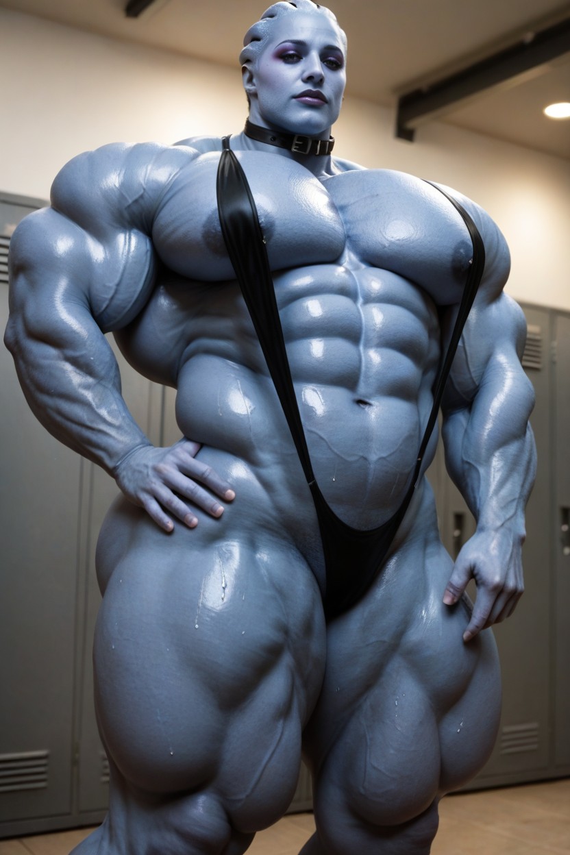 Wearing Sling Bikini, Black Collar, Gigantic Thick Muscles Cover Hole Body AI Porn
