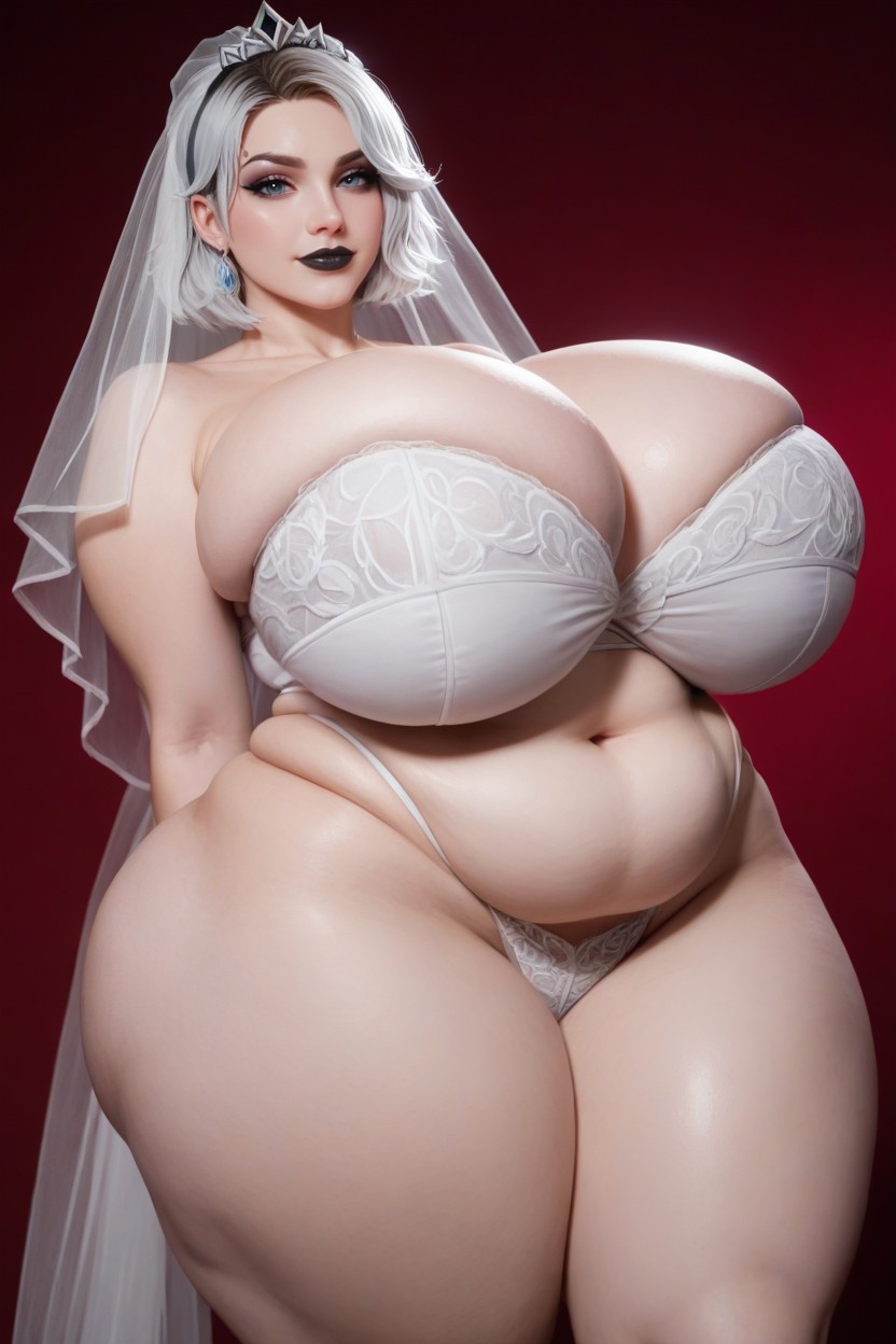 Standing Tall, Gray Skin, Gwen League Of Legends Signature White Hair Color AI Porn